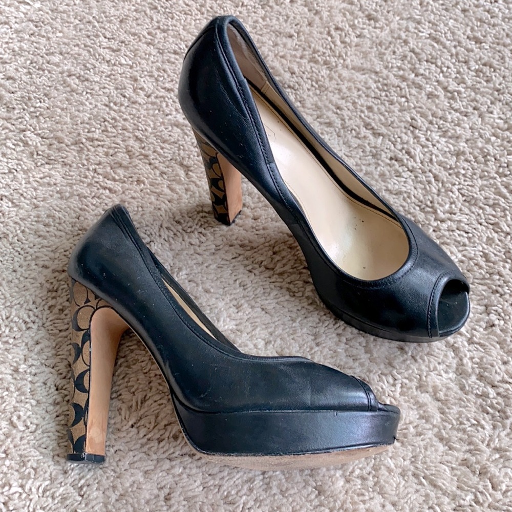 Coach Breana black leather platform peep toe monogram heels 8